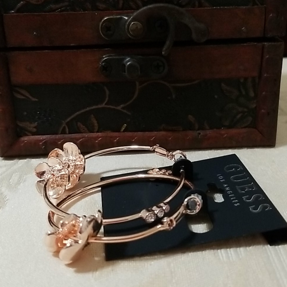 Rose Gold-Tone Crystal&Flower Charm Hoop Earrings - Picture 5 of 5